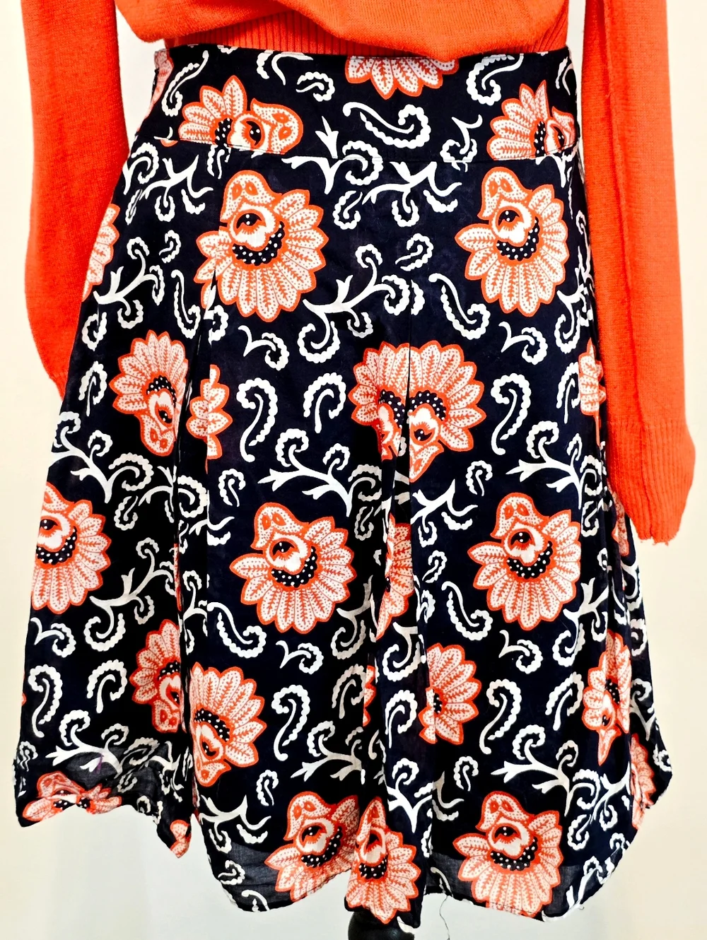 Talbots Floral A-Line Skirt Navy Orange White Cotton Preppy Feminine Midi Flowy